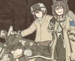  1boy 2girls :d absurdres androgynous animal_ears black_eyes black_hair black_pants brown_background brown_coat brown_theme coat collared_shirt crossover flower forest fur_hat goggles goggles_on_headwear green_hat hair_between_eyes hat hat_feather hat_flower hermes_(kino_no_tabi) highres holding holding_sack holding_smoking_pipe horse_ears horse_girl kino_(kino_no_tabi) kino_no_tabi limestone_(artist) long_sleeves looking_at_viewer moomin motor_vehicle motorcycle multicolored_hair multiple_crossover multiple_girls nature open_mouth outline pants sack sack_behind_back shirt smile smoking_pipe smoking_pipe_in_mouth snufkin stay_gold_(umamusume) umamusume unworn_goggles walking white_outline white_shirt yellow_coat 