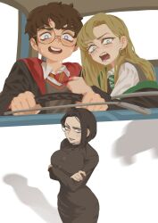  1boy 2girls absurdres arms_under_breasts black_cloak black_hair black_robe blonde_hair blue_eyes breasts brown_hair car cloak collared_shirt curtained_hair draco_malfoy draco_malfoy_(redteneri) earrings genderswap genderswap_(mtf) genderswap_on_non-genderswap glasses green_eyes green_necktie grey_eyes gryffindor harry_potter harry_potter_(series) highres hogwarts_school_uniform hoop_earrings jewelry large_breasts long_hair mature_female meme motor_vehicle multiple_girls necktie open_mouth power_crashes_kobeni's_car_(meme) robe school_uniform severus_snape severus_snape_(redteneri) shadow shirt short_hair slytherin steering_wheel striped_clothes striped_necktie sweat tearing_up tears white_shirt wizarding_world xia_finger 
