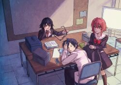  1boy 2girls black_dress black_hair black_pants black_socks blue_hair book bow chaos;child chest_bow clothes_pull collarbone commentary_request cropped_jacket desk dress dress_shirt from_above hekiho_academy_school_uniform holding holding_removed_eyewear indoors itou_shinji_(chaos;child) jacket jacket_pull kneehighs loose_necktie miyashiro_takuru multiple_girls necktie no_jacket onoe_serika open_collar pants pink_eyes pink_hair red_bow red_necktie rimorimo sailor_collar school_desk school_uniform science_adventure shirt short_dress short_hair_with_long_locks sitting socks table unworn_eyewear white_sailor_collar white_shirt white_trim 