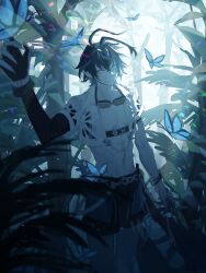  1boy absurdres alchemy_stars animal_print antenna_hair belt black_hair blue_eyes blue_hair bug butterfly butterfly_print chest_harness clothing_cutout commentary_request cropped_shirt goggles goggles_around_neck harness highres lens_flare luke_(alchemy_stars) luke_(forest_butterfly)_(alchemy_stars) male_swimwear multicolored_hair navel pointy_ears shinonoi_kekki shirt smile solo swim_trunks swimsuit tree two-tone_hair upper_body white_shirt 
