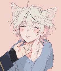  2boys ahoge aldnoah.zero animal_ear_fluff animal_ears blue_shirt blush cat_boy cat_ears chain chain_necklace character_request closed_eyes closed_mouth collarbone commentary_request jewelry male_focus messy_hair momoishi multiple_boys necklace out_of_frame pink_background scratching_chin shirt solo_focus t-shirt upper_body white_fur white_hair 
