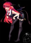  ahoge bare_shoulders bat_wings black_background black_legwear blush demon_tail garter_straps head_wings koakuma long_hair mole necktie red_eyes red_hair redhead simple_background skirt solo spisanji tail thigh-highs thighhighs tongue tongue_out touhou wings 