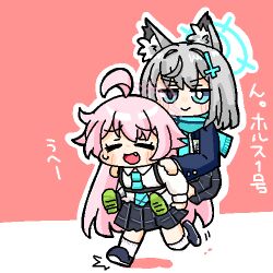  2girls :> =_= ahoge animal_ear_fluff animal_ears black_shoes black_skirt blue_archive blue_eyes blue_halo blue_jacket blue_necktie blue_scarf blush carrying chest_harness closed_eyes closed_mouth collared_shirt commentary_request cross_hair_ornament deformed fang furrowed_brow grey_hair hair_between_eyes hair_ornament halo harness hoshino_(blue_archive) jacket jitome long_hair long_sleeves lowres medium_hair mismatched_pupils multiple_girls necktie neneo_(ragnene1) open_mouth outline piggyback pink_background pink_hair pink_halo pleated_skirt scarf shiroko_(blue_archive) shirt shoe_soles shoes simple_background skirt socks translation_request two-tone_background very_long_hair white_background white_outline white_shirt white_socks wolf_ears 