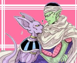  2boys alien animal_ears artist_name beerus cat_boy cat_ears cat_tail commentary_request crossed_arms dragon_ball eating_non-food from_side furry furry_male looking_at_another male_focus multiple_boys piccolo pointy_ears profile raku220p sound_effects sweat tail upper_body 