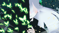  1girl bug butterfly echidna_(re:zero) glowing_butterfly green_background green_butterfly green_light highres light_particles light_smile long_hair re:zero_kara_hajimeru_isekai_seikatsu shadow shyroceruss solo watermark white_hair witch yellow_light 