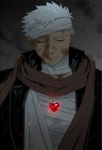  archer bandage bandages closed_eyes dark_skin eyes_closed fate/stay_night fate_(series) gem jewelry male necklace san_moto scarf smile solo white_hair 