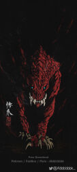  abbbbbbk aqua_eyes black_background claws dark fangs fangs_out glowing glowing_eyes highres monster monster_hunter_(series) no_humans odogaron sharp_teeth simple_background solo teeth 