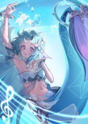  1girl :d arm_up armpits beamed_eighth_notes beamed_sixteenth_notes blue_eyes blue_hair bracelet bubble fins flower genshin_impact hair_flower hair_ornament hand_on_own_chest head_fins highres jewelry karyou_dayo long_hair looking_at_viewer merfolk mermaid monster_girl monsterification musical_note musical_staff navel open_mouth quarter_note smile solo stomach treble_clef underwater very_long_hair violet_eyes vodyanitsa_(genshin_impact) white_flower 