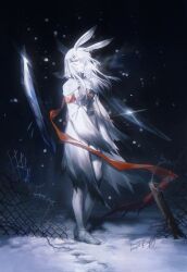  1girl absurdres animal_ears arknights armband black_background black_gloves boots breath chain-link_fence coat commentary fence frostnova_(arknights) full_body gloves grey_eyes grey_hair hair_ornament hair_over_one_eye hairclip highres ju_mao_jitui_zi long_hair night one_eye_covered orange_armband outdoors rabbit_ears rabbit_girl scar scar_on_face scar_on_nose sky snow snowing solo untranslatable_commentary white_coat white_hair winter 
