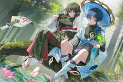  1boy 1girl anemo_symbol_(genshin_impact) arm_at_side armor bit_commi black_bodysuit black_bow black_bridal_gauntlets black_hair black_hakama black_kimono black_pants black_sandals black_shorts black_sleeves blue_cape blue_gem blue_hat blue_jingasa blue_kimono blue_sleeves blunt_ends bodysuit bow breasts bridal_gauntlets brown_eyes brown_sandals cape character_request chest_sarashi chinese_knot clenched_hand closed_mouth commission couple covered_collarbone crystalfly_(genshin_impact) dutch_angle egasumi empty_eyes expressionless eyeliner feathers fingernails flower forest frilled_pants frills full_body furisode gem genshin_impact gold grass hair_intakes hakama hakama_shorts hand_up hand_wraps hat hetero highres japanese_armor japanese_clothes jingasa juban kimono kote kurokote large_breasts layered_sleeves leg_warmers looking_at_creature lotus lotus_leaf makeup mandala mole mole_under_mouth nature obi oc_x_canon open_clothes open_hand open_kimono original outdoors pants pink_flower pleated_shorts pom_pom_(clothes) pond purple_hair purple_rope purple_sash red_eyeliner red_hakama red_kimono red_pants red_sash red_sleeves rope round_eyewear sandals sarashi sash scaramouche_(genshin_impact) second-party_source short_hair short_sleeves shorts shoulder_peek side_cape single_bare_shoulder single_off_shoulder sitting tassel toenails toes tree tsurime turtleneck turtleneck_bodysuit violet_eyes vision_(genshin_impact) wanderer_(genshin_impact) white_kimono white_leg_warmers white_sleeves white_trim wispy_bangs wolf_cut wrist_wrap yellow_feathers zouri 