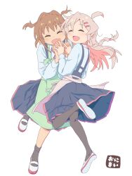  2girls :d absurdres ahoge apron black_pantyhose black_skirt black_socks braid brown_hair closed_eyes colored_inner_hair commentary_request copyright_name fang full_body green_apron hair_intakes hair_ornament hairclip highres holding_hands interlocked_fingers jibijibipen long_hair long_sleeves medium_hair multicolored_hair multiple_girls oka_asahi onii-chan_wa_oshimai! open_mouth orange_hair oyama_mahiro pantyhose pink_apron pink_hair school_uniform shirt shoes simple_background skin_fang skirt smile socks suspender_skirt suspenders two-tone_hair two_side_up uwabaki white_background white_shirt yotsuba_university_affiliated_junior_high_school_uniform 