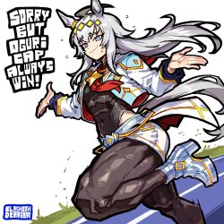  1girl abs ahoge animal_ears arms_up black_pantyhose blue_eyes blush breasts brooch clothing_cutout commentary cropped_jacket diamond_brooch el_rincon_de_amber english_commentary english_text foot_out_of_frame glass_slipper grey_hair grey_leotard grey_tail hair_between_eyes hair_ornament hair_ribbon highres hip_vent horse_ears horse_girl horse_tail jacket jewelry leotard long_hair long_sleeves looking_at_viewer medium_breasts muscular muscular_female muscular_legs neckerchief oguri_cap_(cinderella_gray)_(umamusume) oguri_cap_(umamusume) overskirt pantyhose raised_inner_eyebrows red_neckerchief ribbon shorts smile solo star_brooch tail thick_outlines umamusume umamusume:_cinderella_gray white_jacket white_shorts 
