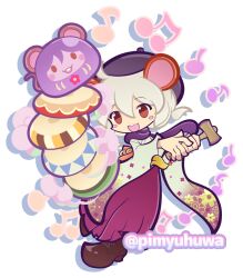  1girl animal_ears beamed_eighth_notes beret blush_stickers brown_eyes brown_shoes buck_teeth commentary_request daruma_otoshi eighth_note floral_print floral_print_kimono full_body hair_between_eyes hakama hakama_short_skirt hakama_skirt hammer hat holding holding_hammer japanese_clothes kimono mouse_ears mouse_girl musical_note official_style open_mouth pimyuhuwa pink_hakama print_kimono purple_hat purple_scarf puyopuyo puyopuyo_quest quarter_note scarf shoes short_hair simple_background skirt smile solo standing standing_on_one_leg tassel teeth twitter_username white_background white_hair white_kimono wide_sleeves zuezue_(puyopuyo) 