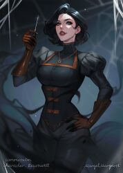  1girl black_hair black_jacket black_pants breasts brown_gloves commentary cowboy_shot english_text eyelashes gloves grey_eyes hand_on_own_hip hand_up high_collar highres holding holding_needle jacket large_breasts leather leather_gloves legs_together long_sleeves looking_at_viewer margelmargaret medium_hair narrow_waist needle original pants parted_lips puffy_long_sleeves puffy_sleeves sewing_needle smoke standing tight_clothes tight_jacket under-elbow_gloves untranslatable_commentary 
