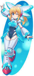  1girl :d absurdres aqua_trim arm_up armor armored_legwear black_leotard blonde_hair blue_armor blue_boots blue_eyes blue_outline blush boots breastplate breasts bubble_print chest_jewel cosplay covered_navel double-parted_bangs els_(ljhlee12) eyelashes full_body gauntlets greaves hair_between_eyes happy headphones helmet highleg highleg_one-piece_swimsuit highres joints knee_guards knee_pads leg_lift leotard light_blush long_hair looking_at_viewer mega_man:_dual_override mega_man_(classic) mega_man_(series) multicolored_armor multicolored_boots one-piece_swimsuit one_eye_closed outline oval pink_armor pink_boots ponytail raised_eyebrows robot_girl robot_joints roll_(mega_man) shoulder_armor sidelocks simple_background small_breasts smile swimsuit teeth thick_thighs thigh_boots thighs three-tone_boots transparent_background twinkle_girl twinkle_girl_(cosplay) two-tone_boots two-tone_helmet upper_teeth_only white_armor white_boots white_helmet wide_hips 