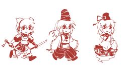  3girls absurdres alternate_costume closed_mouth commentary_request earmuffs f.jaeger full_body hat highres holding holding_sword holding_weapon japanese_clothes kariginu kimono monochrome mononobe_no_futo multiple_girls ofuda ofuda_on_clothes pointy_hair ponytail short_hair simple_background skirt smile soga_no_tojiko sword tate_eboshi touhou toyosatomimi_no_miko weapon 