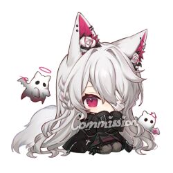  1girl animal_ears bandage_over_one_eye black_dress black_jacket black_thighhighs blush braid chibi chibi_only chinese_commentary commentary_request commission dress full_body ghost grey_hair hair_between_eyes jacket long_hair miyayoki one_eye_covered original red_eyes seiza sitting sleeves_past_fingers sleeves_past_wrists tail thigh-highs very_long_hair watermark white_background wolf_ears wolf_girl wolf_tail 