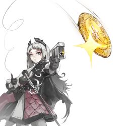  1girl absurdres aiming alk_(4lk_uq) arknights bird_girl black_gloves coin coin_flip cross_scar dress expressionless glint gloves gold_coin grey_eyes grey_hair gun handgun head_wings highres inktober_2026 irene_(arknights) long_hair long_sleeves rapier scar scar_across_eye scar_on_face simple_background solo swept_hilt sword ultrakill weapon white_background wings 