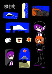  2girls a.i._voice adachi_rei android beach beret black_boots black_hat black_skirt boots commentary_request hat highres holding holding_detached_head kikaijima_(utau) multiple_girls multiple_views necktie ocean orange_eyes orange_hair purple_hair purple_necktie severed_head skirt sn_(sn_utu00) utane_uta utau violet_eyes 