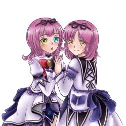  2girls :o armband back_bow black_armband black_collar black_gloves black_ribbon blue_eyes bow bowtie child closed_mouth collar commentary_request cosplay cowboy_shot detached_collar double-parted_bangs dress eiyuu_densetsu frilled_armband frilled_dress frills gloves gothic_lolita hair_ribbon hajimari_no_kiseki hand_on_another's_hand heterochromia koi_kaoru lapis_rosenberg layered_dress lolita_fashion long_sleeves looking_at_viewer medium_hair multiple_girls open_mouth parted_bangs puffy_long_sleeves puffy_sleeves puritan_collar purple_armband purple_hair purple_trim red_bow red_bowtie renne_(eiyuu_densetsu) renne_(eiyuu_densetsu)_(cosplay) ribbon simple_background smile sora_no_kiseki sora_no_kiseki_sc white_background white_dress yellow_eyes 