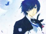  arisato_minato armband blue_eyes blue_hair bow butterfly digital_media_player headphones male persona persona_3 ribbon school_uniform solo 