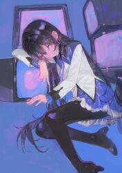  1girl absurdres akemi_homura akemi_homura_(magical_girl) black_boots black_hair black_hairband boots closed_mouth commentary crt frilled_skirt frills hairband high_heel_boots high_heels highres iinagi_(kashiwa_keira) long_hair long_sleeves magical_girl mahou_shoujo_madoka_magica mahou_shoujo_madoka_magica_(anime) neck_ribbon pleated_skirt purple_background purple_ribbon purple_skirt ribbon shirt sitting skirt solo television very_long_hair violet_eyes white_shirt 