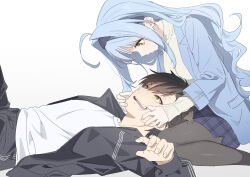  1boy 1girl ahoge arata_(kise_itsuki) blue_hair brown_hair commentary_request couple eye_contact highres jacket kise_itsuki lap_pillow long_hair looking_at_another mouth_pull open_clothes open_jacket original pantyhose skirt teeth yellow_eyes yuki_(kise_itsuki) 