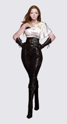  1girl belt belt_buckle black_belt black_boots black_gloves black_pants boots breasts brooch brown_eyes brown_hair buckle collarbone crossed_legs dongho_kang eyelashes full_body gloves gold_necklace hands_on_own_hips high-waist_pants highres jewelry knee_boots leather leather_gloves leather_pants lips long_hair looking_at_viewer necklace nose original pants parted_lips realistic shirt short_sleeves simple_background single_bare_shoulder single_off_shoulder single_sleeve small_breasts solo standing thick_lips third-party_source white_background white_shirt 