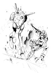  alien battle battroid choujikuu_yousai_macross commentary_request damaged duel energy_cannon explosion firing gun gunpod machine_gun macross mecha monochrome muzzle_flash no_humans one-eyed_mecha regult robot robotech shell_casing shimotsuki_juugo sketch u.n._spacy vf-1 vf-1j walker_(robot) war weapon white_background zentradi 