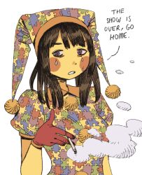  1girl absurdres adapted_costume ai-generated_art_(topic) autism brown_hair cigarette clown colored_skin crying crying_with_eyes_open english_text gloves hat heidi_(heytherenrds) highres holding holding_cigarette jester_cap long_hair looking_at_viewer open_mouth pomni_(the_amazing_digital_circus) puffy_short_sleeves puffy_sleeves puzzle_piece_print red_gloves short_sleeves smoke solo tears the_amazing_digital_circus upper_body white_background yellow_skin 