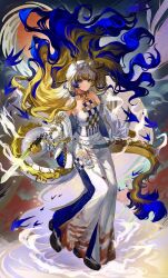  1girl arknights bare_shoulders bird black_shoes blonde_hair blue_hair closed_mouth colored_extremities dragon_girl dragon_horns dragon_tail earrings eastern_dragon_horns eastern_dragon_tail eyeliner floating_hair full_body hair_between_eyes hair_floating_upwards highres holding holding_weapon horns jewelry long_hair long_sleeves looking_at_viewer makeup multicolored_hair necklace orange_eyeliner pointy_ears shoes shu_(arknights) smile solo standing strapless tail tube_top very_long_hair weapon white_tube_top xu0_3_0 yellow_hands 