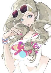  1girl bare_arms blonde_hair blue_eyes bo_he_zi commentary crop_top earrings eyewear_on_head finger_to_cheek fingernails from_side glasses hair_ornament hairclip hand_up head_tilt heart heart_earrings highres jewelry lips long_hair multicolored_wristband necklace parted_lips persona persona_5 pink_nails print_shirt shirt short_sleeves side_part simple_background solo takamaki_ann tinted_eyewear twintails two-tone-tinted_eyewear upturned_eyes white-framed_eyewear white_background white_shirt wristband 
