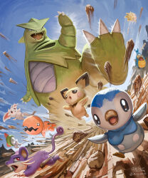 claws dinosaur fangs feet highres karrablast looking_at_viewer mcgmark minccino mouse_(animal) no_humans outdoors painterly pichu piplup pokemon pokemon_(creature) pokemon_focus ralts rattata red_eyes running running_towards_viewer scared simple_background smile stomping tail teeth togepi trapinch tyranitar 