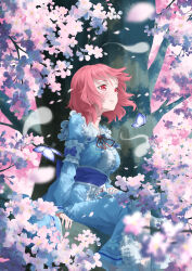  1girl animal_print back_bow belt black_bow black_bowtie blue_belt blue_bow blue_hat blue_kimono blurry blush bow bowtie branch breasts bug butterfly butterfly_print butterfly_wings cherry_blossoms closed_mouth commentary_request flower flying frills ghost hair_between_eyes hat highres hitodama insect_wings japanese_clothes kimono long_sleeves looking_to_the_side medium_breasts missing_headwear mob_cap otomeza_ryuseigun outdoors petals pink_eyes pink_flower pink_hair saigyouji_yuyuko shadow short_hair sitting smile solo touhou tree triangular_headpiece wide_sleeves wing_collar wings 