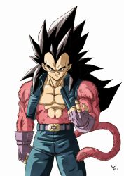  1boy belt black_hair black_pants black_vest commentary_request dragon_ball fingerless_gloves gloves grey_belt grey_gloves highres kakeru_(dbskakeru) long_hair looking_at_viewer monkey_tail open_clothes open_vest pants red_fur simple_background smirk solo spiky_hair super_saiyan super_saiyan_4 tail toriyama_akira_(style) vegeta vest white_background 
