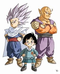  1girl 2boys alien antennae aqua_skirt aqua_sweater bald black_hair black_shoes blue_jumpsuit blush_stickers boots brown_boots cape collared_shirt colored_skin crossed_arms dragon_ball father_and_child father_and_daughter gohan_beast grey_hair grin highres jumpsuit kakeru_(dbskakeru) multiple_boys namekian orange_piccolo orange_skin pan_(dragon_ball) parent_and_child piccolo pointy_ears purple_jumpsuit red_eyes shirt shoes simple_background skirt smile son_gohan spiky_hair sweater teeth toriyama_akira_(style) white_background white_cape white_shirt 
