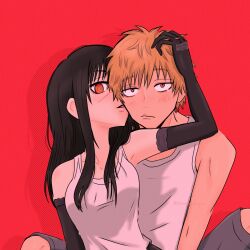  1boy 1girl bare_shoulders black_hair blonde_hair blush breasts chainsaw_man choppy_bangs collarbone commentary_request denji_(chainsaw_man) elbow_gloves facing_viewer gloves hand_on_another's_head highres kiss kissing_cheek long_hair long_sidelocks maichinpenguin521 red_background red_eyes ringed_eyes scar scar_on_cheek scar_on_face short_hair sidelocks simple_background sitting sitting_on_lap sitting_on_person tank_top white_tank_top yoru_(chainsaw_man) 