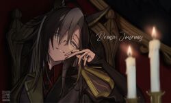  1girl absurdres ahoge animal_ears arata_savage artist_name black_coat black_hair black_sleeves blue_eyes candle candlelight chair character_name character_signature coat colored_bangs commentary_request dim_lighting dream_journey_(reminder_of_dreamland)_(umamusume) dream_journey_(umamusume) ear_covers ear_ornament eyewear_strap glasses hair_ornament highres horse_ears horse_girl jewelry juliet_sleeves long_sleeves looking_at_viewer multiple_rings nail_polish on_chair parted_lips puff_and_slash_sleeves puffy_sleeves qr_code red_nails red_shirt ring shirt single_ear_cover single_hair_intake sitting smile solo straight-on tassel tassel_hair_ornament tinted_eyewear umamusume upper_body white_hair yellow-tinted_eyewear 