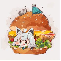  1girl :d ahoge ameya_(kappadoll) animal_ear_fluff animal_ears blue_eyes blush braid burger chibi chibi_only commentary_request double-parted_bangs food fox_ears fox_girl grey_background hololive in_food open_mouth shirakami_fubuki short_hair simple_background single_braid smile solo virtual_youtuber white_hair 