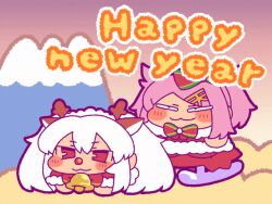  2girls :3 amato_tenshi animal_ears animated animated_gif antlers bell brown_horns chibi chibi_only closed_mouth commentary_request deer_ears fake_animal_ears fake_horns full_body grim_aloe happy_new_year horns long_hair looping_animation mahjong_fight_girl multiple_girls pink_hair quiz_magic_academy red_nose short_hair sled smile swept_bangs tonchamon_san twintails white_hair 
