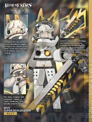  1girl alchemy_stars animal_ears armored_boots astronaut boots character_name company_name copyright_logo copyright_name electricity english_text fake_animal_ears full_body gloves gradient_hair grey_hair hair_between_eyes helmet highres leotard logo long_hair multicolored_hair multiple_views official_art pale_skin revy_(alchemy_stars) revy_(super_devilbuster)_(alchemy_stars) solo space_helmet spacesuit standing weapon white_gloves white_hair white_leotard yellow_eyes 