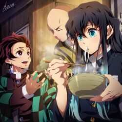  3boys aqua_eyes aqua_hair black_hair bowl checkered_haori chopsticks demon_slayer_uniform earrings food hana_ni_nare hanafuda_earrings haori highres holding holding_bowl holding_chopsticks japanese_clothes jewelry kamado_tanjirou kimetsu_no_yaiba long_hair multiple_boys noodles open_mouth red_eyes red_hair short_hair tokitou_muichirou udon 