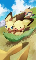  :d absurdres bird blue_eyes blue_sky closed_eyes clouds commentary_request cyndaquil day duck grass highres leaf no_humans nullma on_leaf open_mouth outdoors pichu pikachu pokemon pokemon_(creature) pokemon_focus psyduck riding rock sitting sky smile tail yellow_fur 