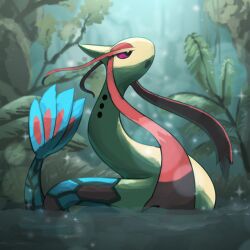  absurdres colored_sclera highres milotic no_humans open_mouth outdoors pokemon pokemon_(creature) pokemon_focus red_eyes red_sclera sea_serpent solo spicyichizo water 