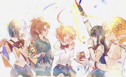  5girls absurdres akemi_homura birthday black_bow black_hair black_skirt blonde_hair blue_eyes blue_hair bow bowtie box crown drill_hair flower_hairclip gift gift_box green_hoodie gun hair_bow hair_ribbon highres holding holding_gift holding_gun holding_weapon hood hoodie juliet_sleeves kaname_madoka long_hair long_sleeves mahou_shoujo_madoka_magica mahou_shoujo_madoka_magica_(anime) medium_hair miki_sayaka mitakihara_school_uniform multiple_girls open_mouth pink_hair plaid_clothes plaid_skirt ponytail puffy_sleeves red_bow red_bowtie red_hair red_ribbon ribbon sakura_kyoko school_uniform shirt short_twintails skirt square_neckline sweater tomoe_mami twin_drills twintails weapon white_shirt yellow_eyes yellow_sweater yijiao_wuran 