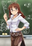  :&gt; ahoge akizuki_ritsuko baton breasts brown_hair chalkboard dan_(orange_train) female glasses idolmaster nonowa pantyhose solo teacher 