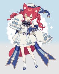  1girl :d animal_ear_fluff animal_ears aqua_bow artist_request belt_pouch beret black_bow black_bowtie blue_ribbon blue_shoes blush bow bowtie chinese_commentary clothing_cutout commentary_request cross-shaped_pupils dress fox_ears fox_girl fox_tail frilled_dress frills full_body hair_between_eyes hat hat_ribbon highres long_sidelocks looking_at_viewer mary_janes one_eye_closed open_mouth original pouch ribbon sakura_soyoru_(miyayoki) shoes shoulder_cutout sidelocks simple_background sleeves_past_fingers sleeves_past_wrists smile socks standing symbol-shaped_pupils tail twintails white_dress white_hat white_socks 