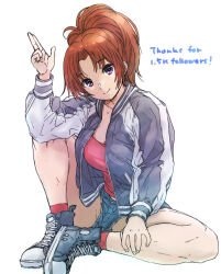  1girl ankle_socks blue_jacket blue_shoes breasts brown_hair commentary_request denim denim_shorts elbow_on_knee hand_on_own_calf head_tilt hibike!_euphonium high_tops jacket large_breasts long_hair micro_shorts milestone_celebration multicolored_jacket nakagawa_natsuki pink_shirt ponytail red_socks salute shirt shoes shorts simple_background sneakers socks solo sukajan thank_you tono51044448 two-finger_salute two-tone_jacket violet_eyes white_background white_jacket 