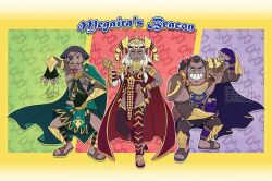  1girl 2boys armor bikini_armor blue_cloak bonaventure_satornio cloak dark_skin fire_emblem fire_emblem:_fortune's_weave green_cloak horns large_nose multiple_boys prosthesis prosthetic_arm red_cloak theodora_sergio_savangren tobias_(fire_emblem) zabkazee 