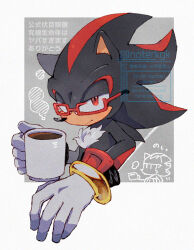  1boy bespectacled black_fur closed_mouth coffee coffee_mug cup doodle_inset furry furry_male glasses gloves looking_at_viewer male_focus mug noto_(noterkgk) rectangular_eyewear red-framed_eyewear red_eyes red_fur shadow_the_hedgehog sonic_(series) translation_request watermark white_gloves 